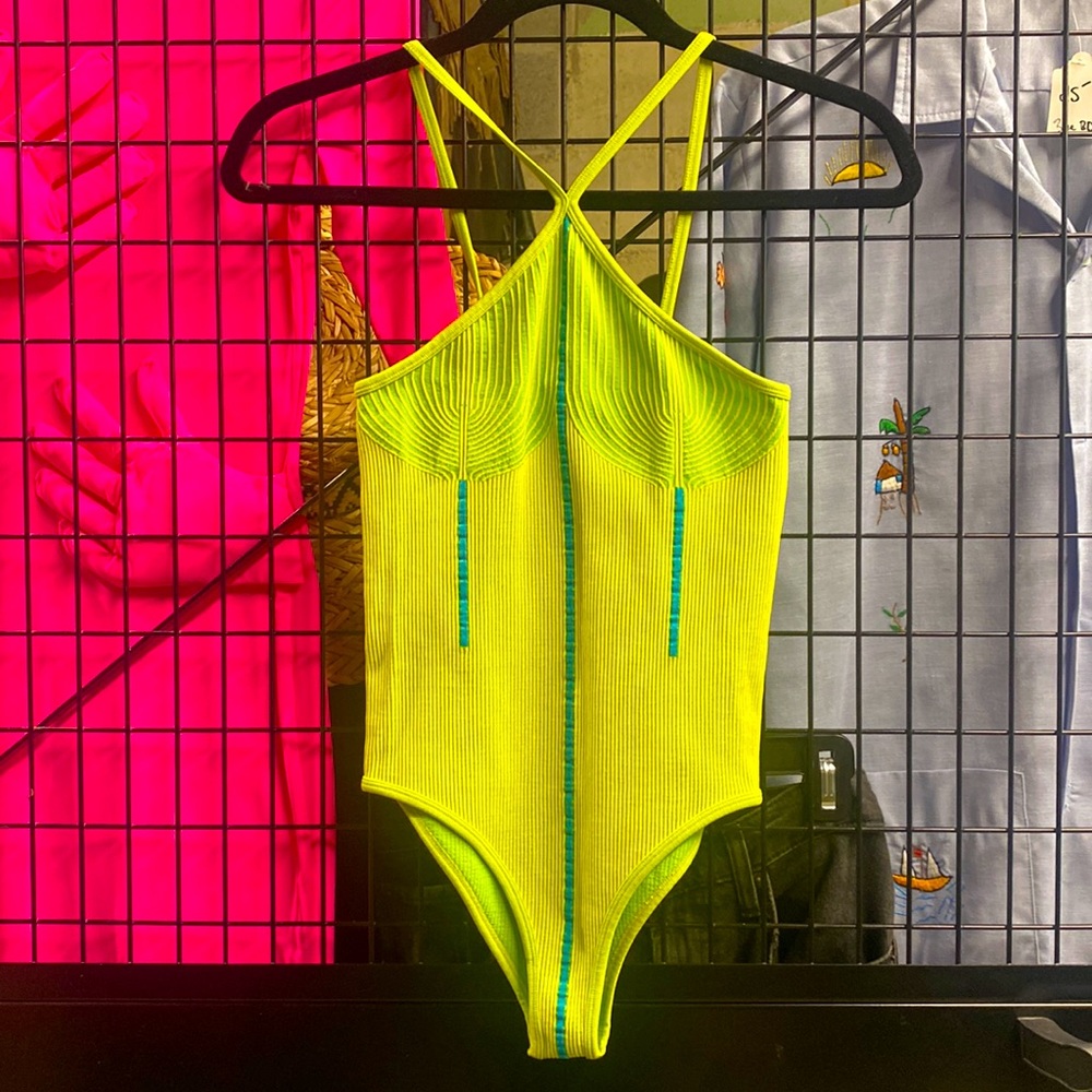 Zara Neon Green & Blue Printed Ribbed Halter Style Bodysuit